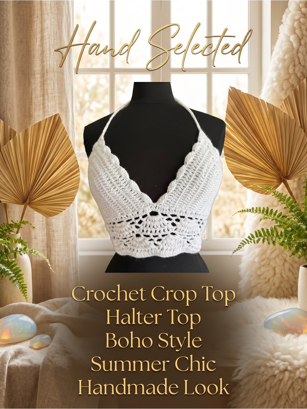 Handmade Crochet White Halter Bralette Top